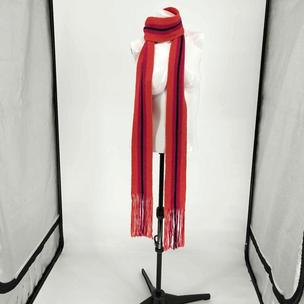 Vtg 90s Express Orange Pink & Black Striped Long Wool Knit Scarf with Fringe